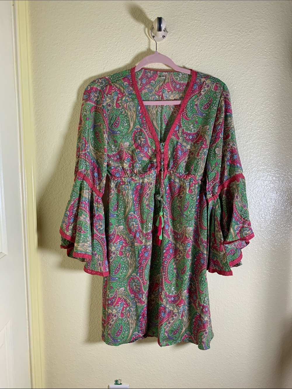 NWOT Green and Pink Paisley Tie-Front Mini Dress, Size OS